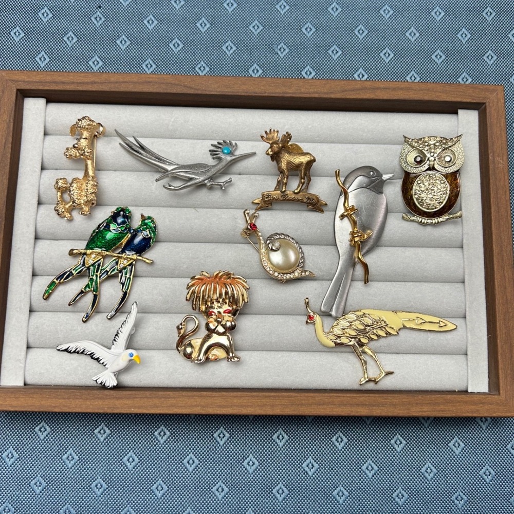 Animal Brooch Lot Ritter Roadrunner Poodle Owl Bird Enamel Pins 9pc Vintage